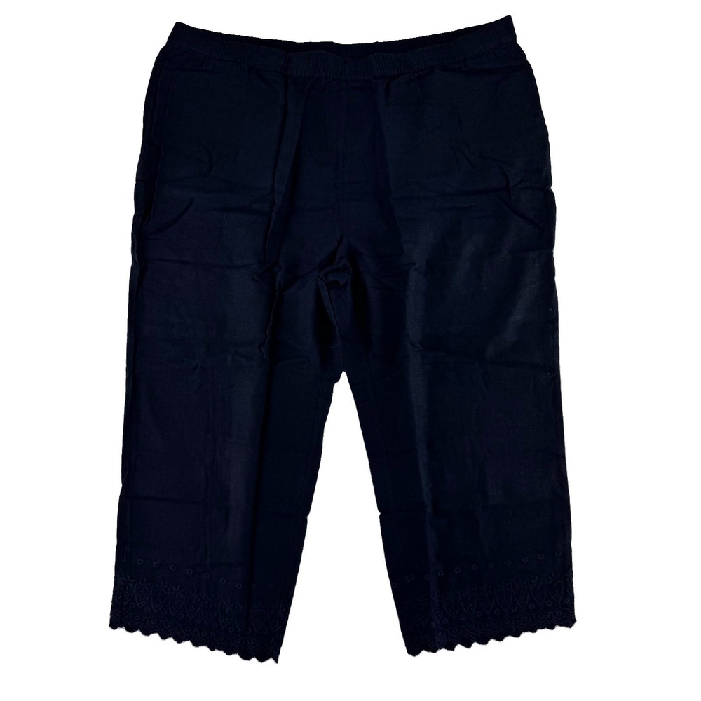 Susan Graver PURE Linen Pull On Embroidered Hem Crop Pants 3X Black